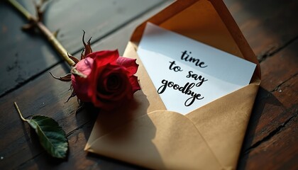 Red rose and a letter saying time to say goodbye lie on dark wooden table. Sadness, breakup, farewell note. Withered flower, old paper, empty envelope.