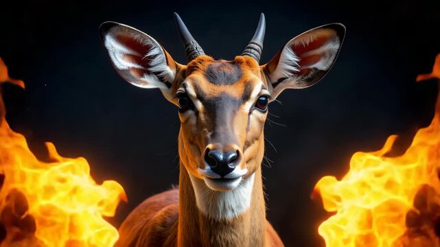 Majestic antelope head surrounded by intense burning flames against a dark background