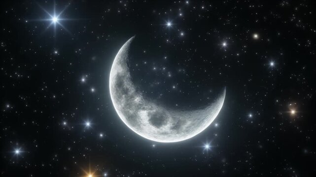 Crescent Moon in Starry Night Sky with Glowing Stars and Space Background lunar surface