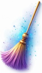 Golden broomstick with purple and yellow bristles. It floats with blue and pink glitter stars and orbs. Magic sparkles trail behind its colorful brush. Fantasy cleaning tool.