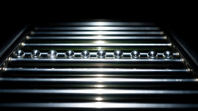 Close-up of airport conveyor belt rollers with metallic sheen and parallel lines