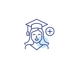 Woman in graduation cap and plus symbol. New degree, academic success and education upgrade. Pixel perfect, editable stroke vector icon