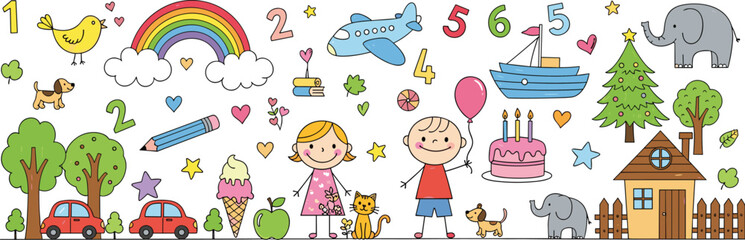 Cute Children Learning and Play Doodle Illustration