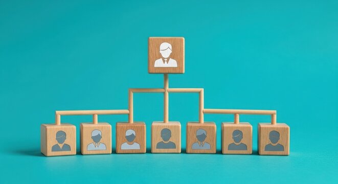 Hierarchical organizational structure with a leader and team members represented by figures