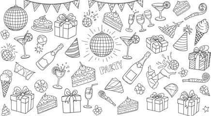 Fototapeta premium Hand-Drawn Party and Celebration Doodle Collection Featuring Disco Balls Champagne Gifts and Cake for Festive Event Design