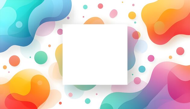 A modern and vibrant abstract background showcasing dynamic fluid colorful shapes and varying sized circles, gracefully arranged around a clean, pristine blank white square, offering an ideal and vers