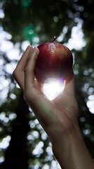 A close-up of a hand holding a glistening red apple with sunlight filtering through the trees in the background.