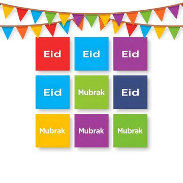 A vibrant, colorful digital illustration featuring a geometric grid design with nine distinct squares, five displaying "Eid" and four showing "Mubarak," creating a modern greeting for the Islamic holi