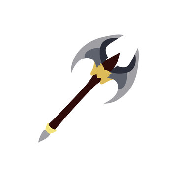 Fantasy double-headed battle axe PNG isolated on white, ornate silver blade with gold accents and wooden handle, high-quality RPG game asset, medieval warrior weapon for digital art and design.