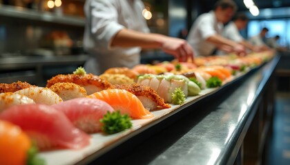 Obraz premium Chefs prepare assorted sushi dishes on a long plate for service. Nigiri and rolls with salmon, tuna, and eel are arranged in a restaurant setting. Busy kitchen environment with food assembly.