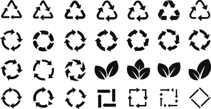 Ecology and Sustainable Recycling Icon Set Featuring Mobius Loops Environmental Leaf Motifs and Circular Process Arrows for Green Branding