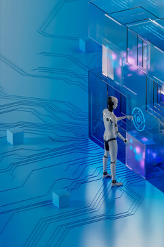 3D Robot Console Interface beside glass cube on circuit floor