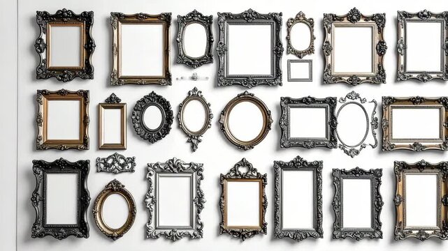 Collection of empty vintage ornate picture frames hanging on a white wall in a gallery style arrangement