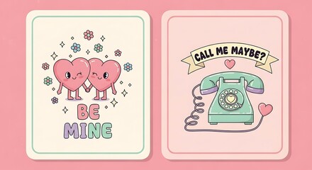 Obraz premium Two anthropomorphic happy hearts hold hands next to a vintage telephone illustration wishing someone to call them.