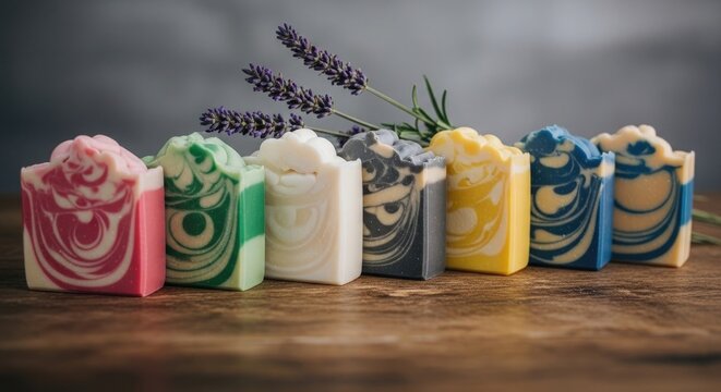 Artisanal handmade soaps in various colors and designs