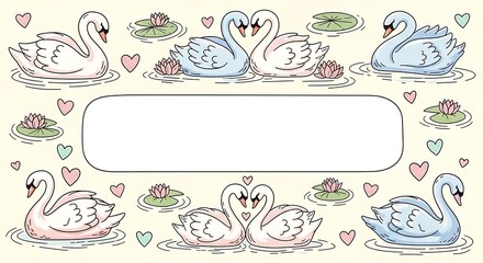 Charming illustration features several pairs of swans forming heart shapes on pond water with an empty label frame.