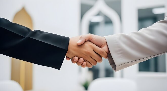 A close-up handshake between two people inside a mosque during Eid. The gesture symbolizes peace, faith, trust, and mutual respect. ideal for themes of celebration, greeting, unity, and partnership.