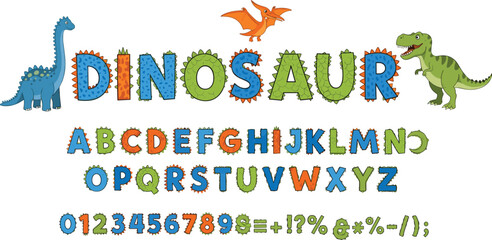 Fototapeta premium Dinosaur Alphabet and Number Cartoon Font Set