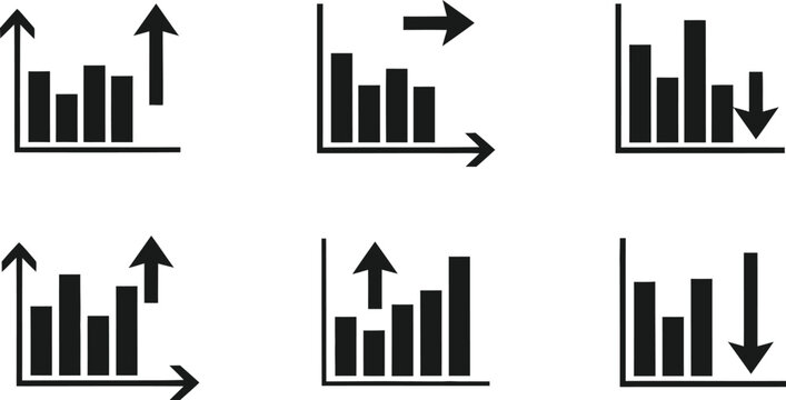 Chart icon. Bar graph with upward, stable and downward arrows vector illustration. Business analytics and financial performance trend symbol. Data metrics and economic report sign. Progress pictogram.