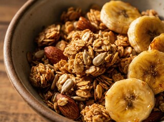 Fototapeta premium Macro Shot of Crunchy Granola Clusters with Sliced Bananas and Almonds