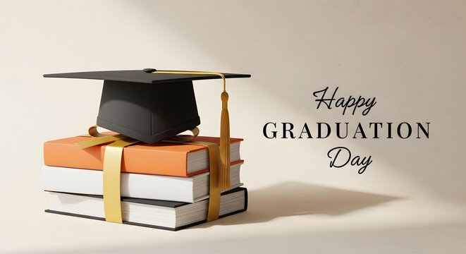 Graduation day celebration with books and cap
