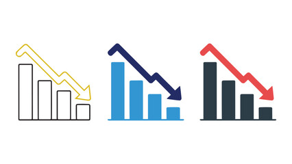 Set of three bar chart icons showing decreasing business trends in different color styles
