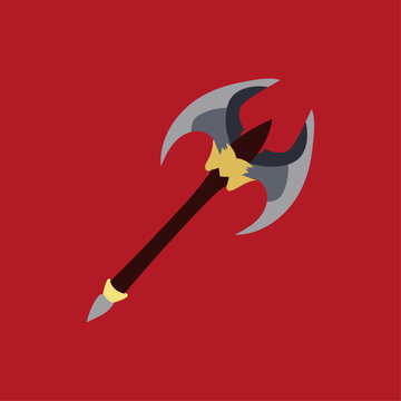 Fantasy double-headed battle axe PNG isolated on white, ornate silver blade with gold accents and wooden handle, high-quality RPG game asset, medieval warrior weapon for digital art and design.