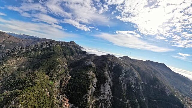Aerial view of mountains in the French Riviera hinterland with sea of clouds