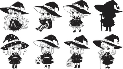 Cute chibi witch girls collection featuring little witches with hats, magic books, pumpkins, trick or treat bags, and star patterns. © Creative_Solution