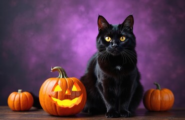 Black cat sits with carved pumpkins on purple background. Festive Halloween mood with glowing jack o lantern. October holiday atmosphere with orange gourds. Spooky pet theme.
