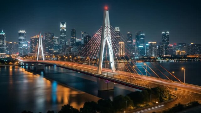 Chongqing Cityscape at Night with Illuminated Bridge and Skyline Reflections.
