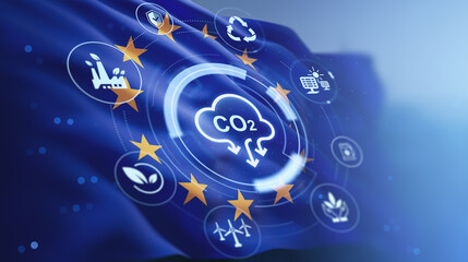 CO2 reduction and sustainability symbols over dynamic EU-themed flag background representing environmental and climate concept."" © ImageFlow