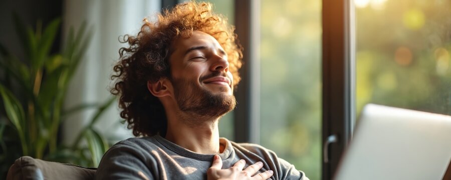 Man with curly hair smiles with eyes closed feeling warm sunlight. Hand on chest shows gratitude and inner peace. Relaxed guy enjoys moment near window in cozy home office.
