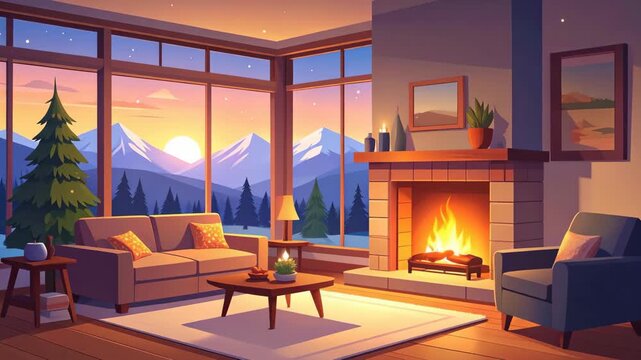 Cozy living room with burning fireplace and large window view of snowy mountains at sunset in winter cabin illustration