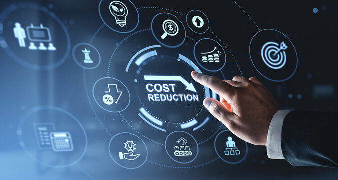 Digital cost reduction interface with a hand interacting with glowing financial and strategy icons in a futuristic interface.