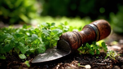 Fototapeta premium A vintage hand-carved wooden trowel rests among fresh green plants in a garden bed