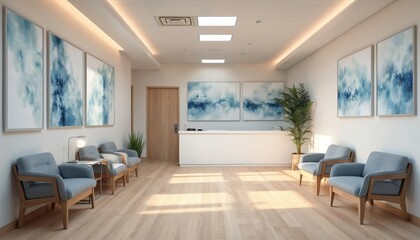 Fototapeta premium Modern clean waiting room with blue abstract art, comfortable chairs, reception desk, plant. Natural light streams onto wood floors. Peaceful ambiance suits health clinics corporate offices seeking