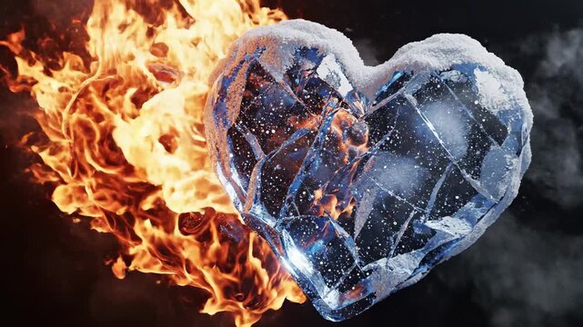 A split composition showing fire and ice, with smoke and crackling textures contrasted against each other