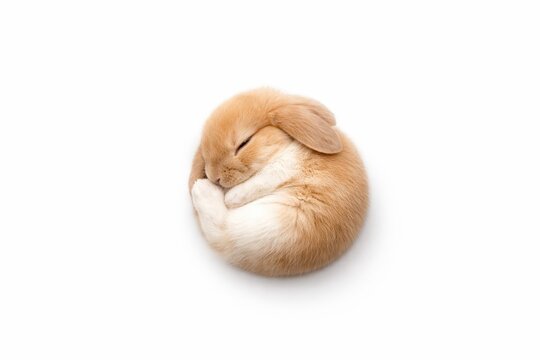 High end studio photo baby satin mini lop rabbit sleeping curled round top view flat lay centered isolated on pure white with copy space