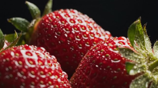 Close-up shot of ripe, glistening strawberries with water droplets and green leaves against a black background