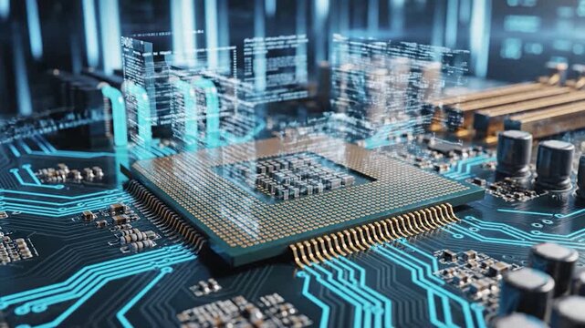 Advanced central processing unit on a circuit board with glowing blue lines.