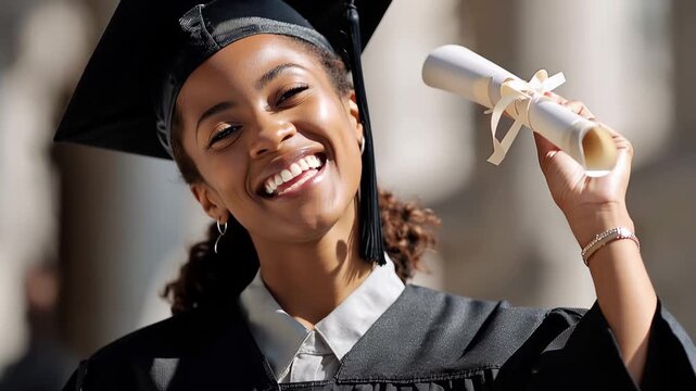 Smiling African American girl celebrates graduation day with diploma in hand outdoors during bright sunny weather