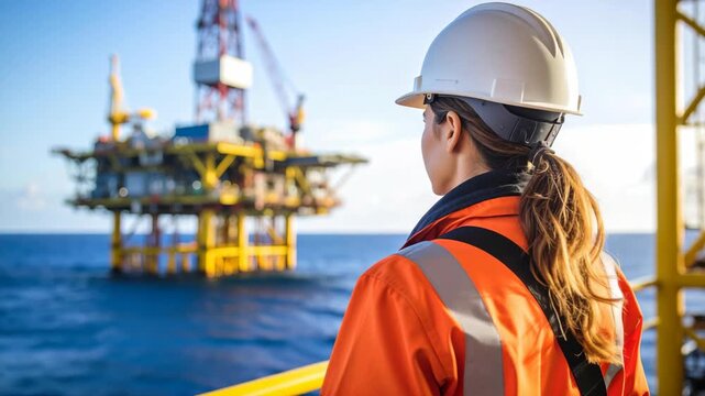 Female engineer wearing orange safety gear and white hard hat looking at offshore oil platform in the blue ocean