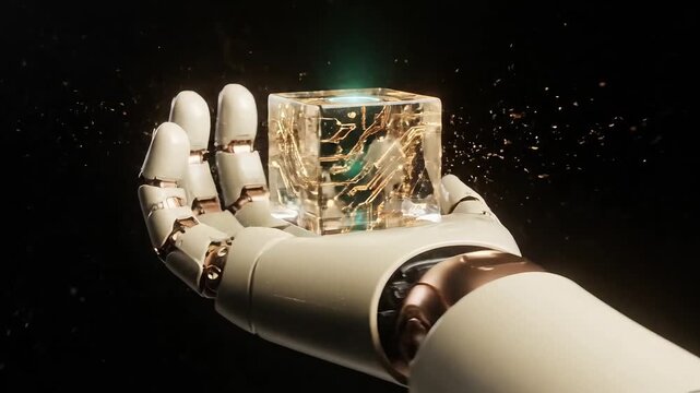  Futurist Robotic hand holding transparent cube circuit with glowing light showcasing trust on AI Technology and innovation in 4k Decent Background 