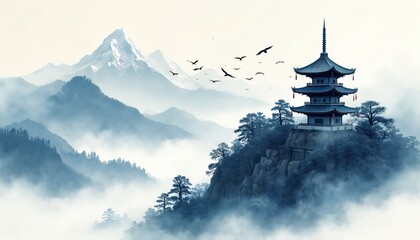 Misty mountains feature traditional pagoda architecture. Birds fly over serene landscape. Ink wash art shows peaceful scenery in ancient asia. Soft blue hues create depth.