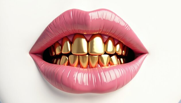 Close-up of pink lips revealing a full set of shiny gold teeth. Mouth opens slightly showing dental grills and healthy white enamel contrast. Beauty and fashion statement in studio.