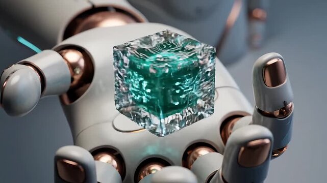 Robotic hand holding futuristic transparent cube circuit with glowing light showcasing trust on  Technology and innovation in 4k