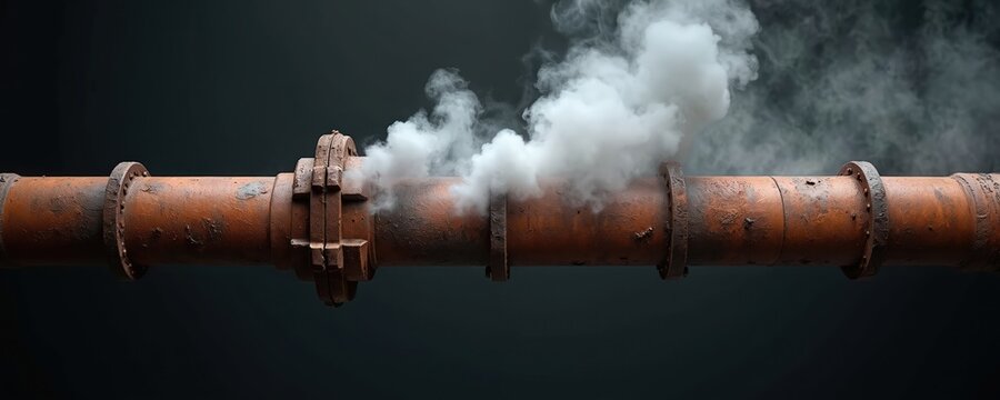 Old rusty pipe leaks steam. Corroded metal pipeline segment emits white vapor. Industrial infrastructure breakdown causes hazard danger. Steam cloud billows on dark background.