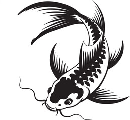 Fototapeta premium Black ink koi fish swimming elegantly on checkered background