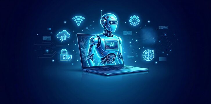Robot emerging from the laptop represents the arrival of artificial intelligence as an intelligent assistant, but it is an agentic AI that can analyze, decide robot with laptop ai